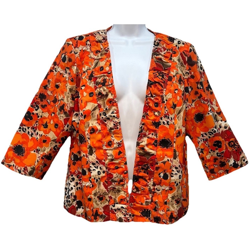 Lavender & Honey Blazer Women's Sz Large Orange Floral Lining Pockets 3/4 Sleeve